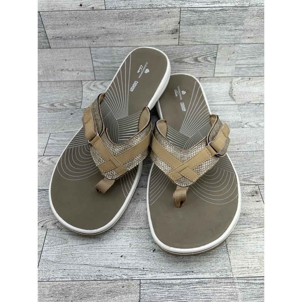 Clarks Cloudsteppers Arla Glison Women 12 Taupe Metallic Snake Flip Flop Sandals